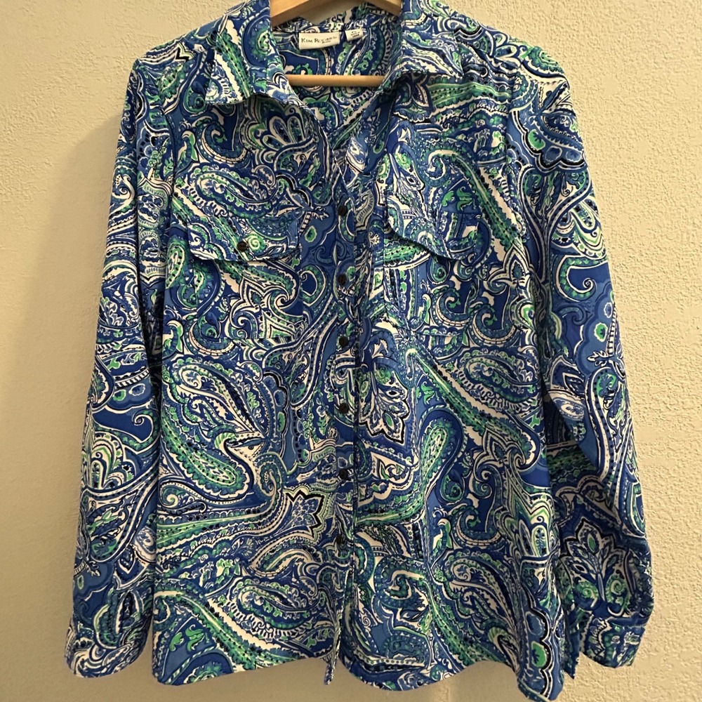 Kim Rogers Petite Large Blue Green Paisley Button Up Roll‎ Tab Sleeve Blouse PL